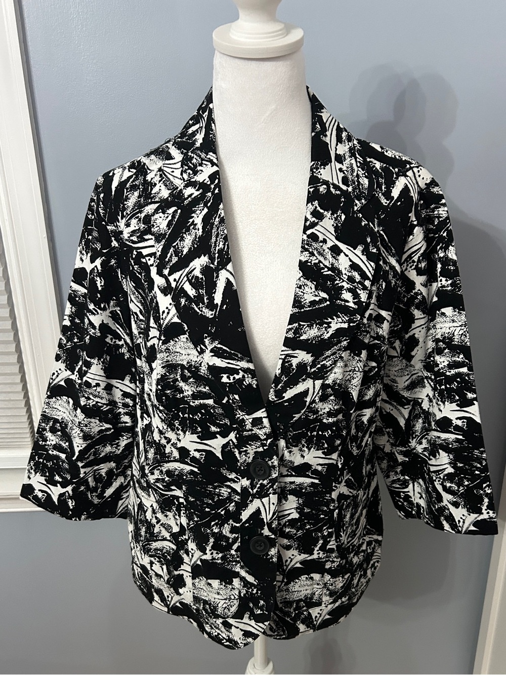 Coldwater Creek Blazer 14P Petite Black White Abstract Print Cotton Jacket
